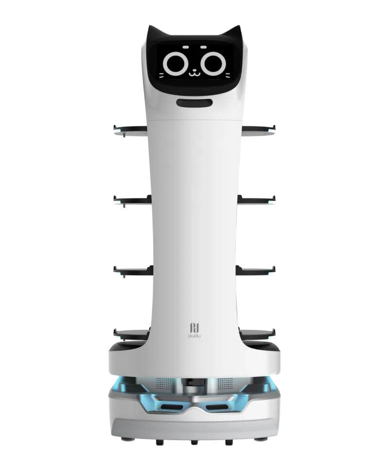BellaBot de frente: pantalla facial, cuatro bandejas y base con sensores.