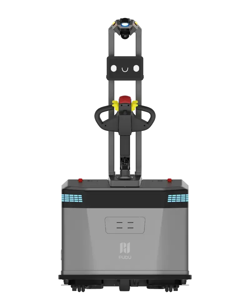 Pudu MP2000 de frente: torre de sensores, pantalla, manillar de operación y cuerpo con luces.